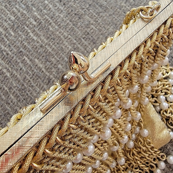 #Bonwit Teller #Vintage Gold Shimmer Pearl Beaded Evening Bag Purse Clutch #RARE - Picture 6 of 7